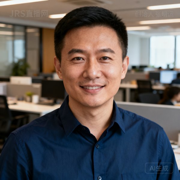 JRS直播网创始人张明远的正面半身照，他身穿深蓝色衬衫，背景是公司开放式办公区，表情坚定而友善