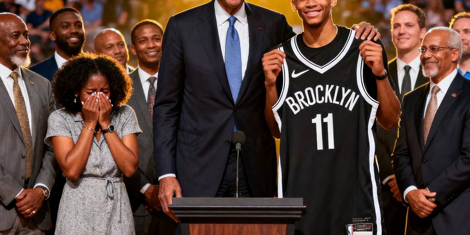 2025年NBA选秀大会在布鲁克林巴克莱中心举行，状元秀手持球衣与NBA总裁合影，台下家人激动落泪